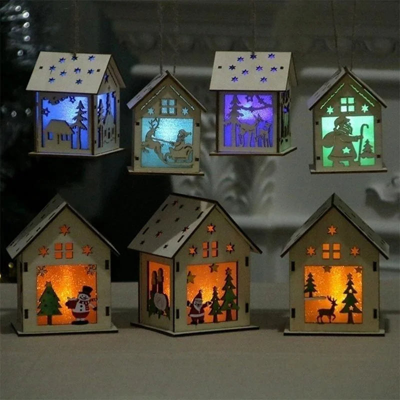 Christmas LED Light Wooden House Luminous Cabin Merry Christmas Decorations for Home DIY Xmas Tree Ornaments Kids Gifts New Year