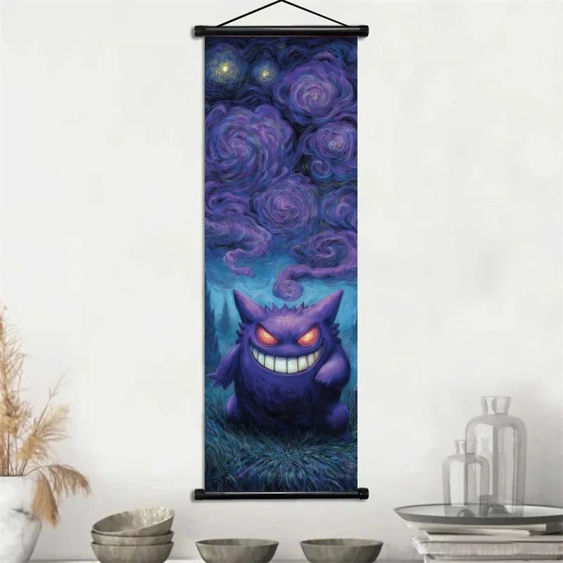 Pokemon Gengar Scroll Art Cloth Anime Characters Wall Hanging Poster Halloween Xmas Decor Fans Collection Home Gifts