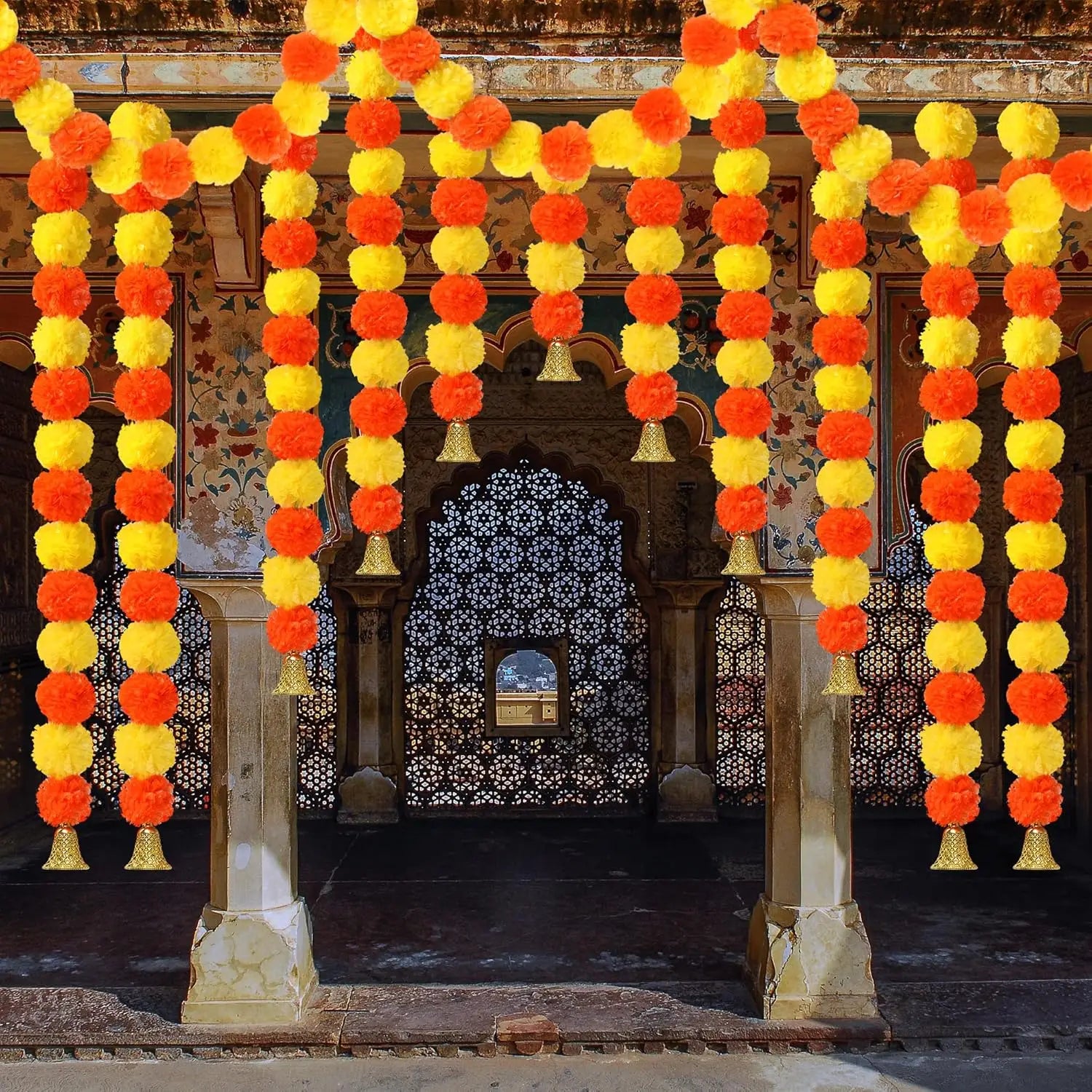 Plastic Marigold Flower Garland Artificial Festival Wreath for Diwali Celebration Day of The Dead Christmas Party Supplies