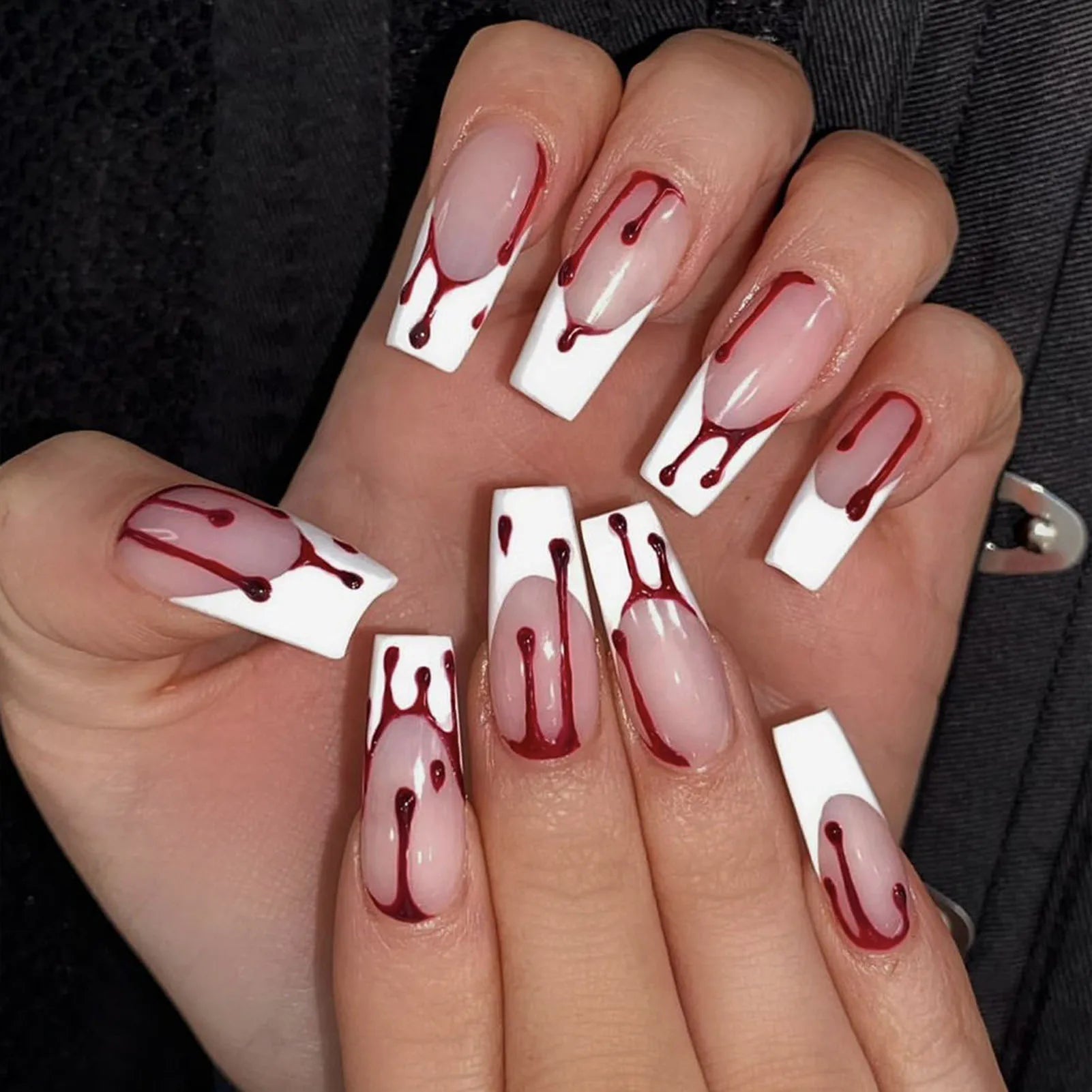 Halloween Red Bloodstain False Nails Long Coffin Ballet Full Cover Press on Nails Detchable Full Cover Fake Nail Patches 24pcs