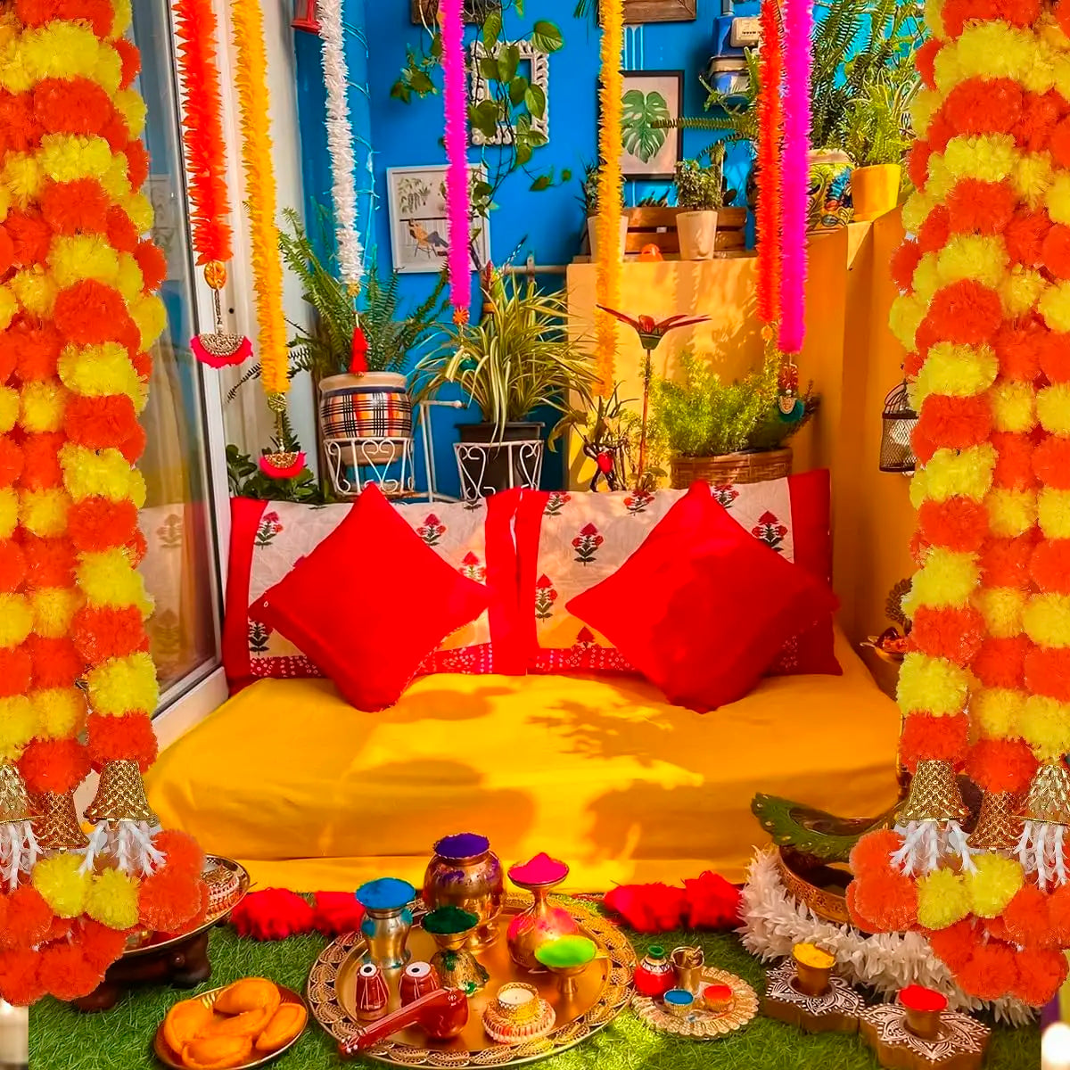 5-50pcs Marigold Flower Garlands 5 Ft Artificial Flower Garland Indian Décor,Pooja, Diwali, Fiesta Day of The Dead, Mexican Par