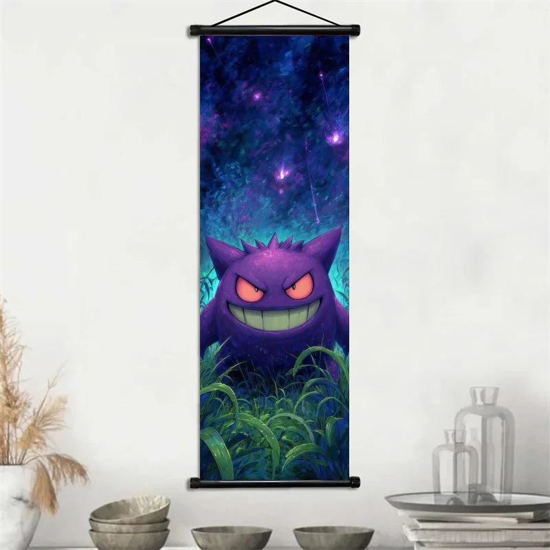 Pokemon Gengar Scroll Art Cloth Anime Characters Wall Hanging Poster Halloween Xmas Decor Fans Collection Home Gifts