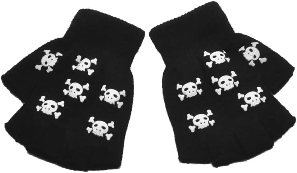 Punk Gloves Halloween Gloves Cosplay Y2k Skeleton Skull Half Finger Gloves Glow in The Dark Stretch Knitted Winter Mittens Adult