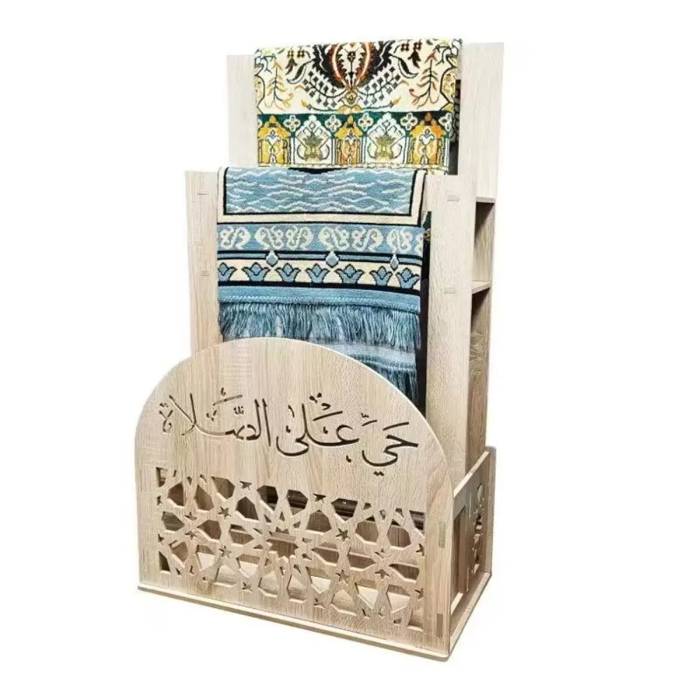 Decorative Wooden Prayer Rack via Shelf with Standing Prayer Mat Installation
