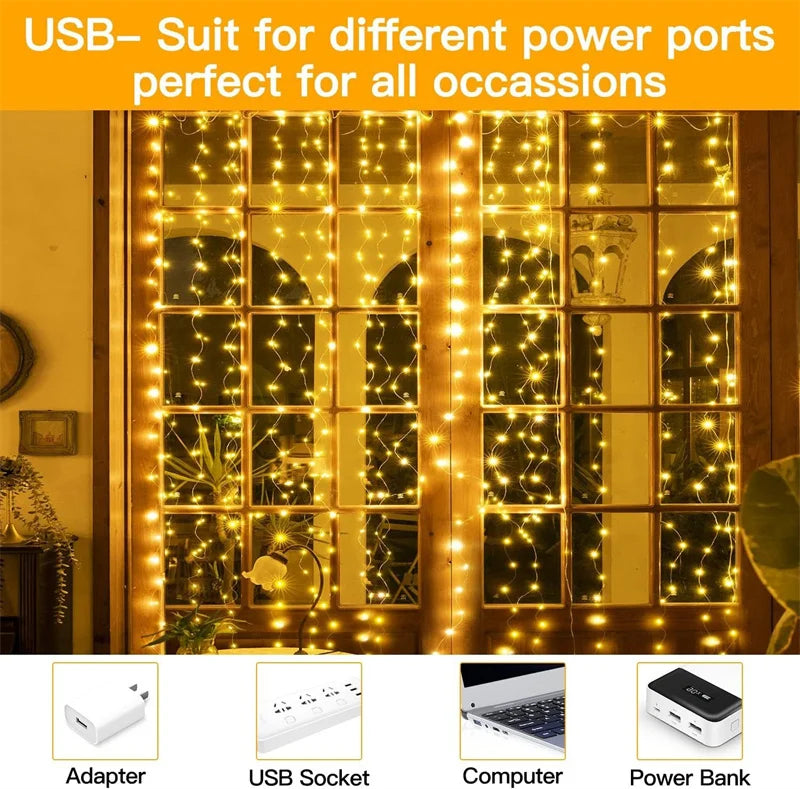 Diwali Lights LED Fairy String Curtain Lights 8 Mode Remote USB Festoon Christmas Decor For Home Holiday New Year Lamp