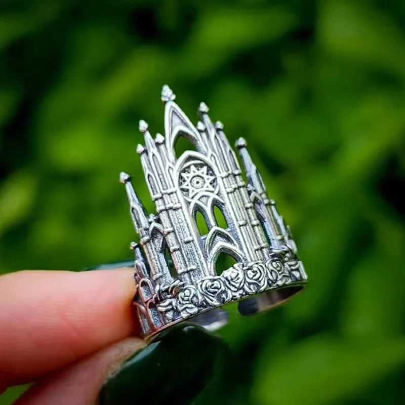 LATS Retro Personality Ancient Silver Color Hollowed-out Relief Crown Castle Rings for Women Men Halloween Trend Gothic Jewelry