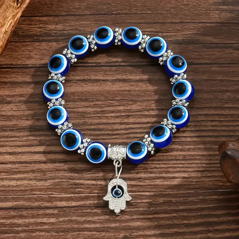 Evil Eye Beaded Bracelet w/Hand Charm | Adjustable Boho Jewelry, Blue Eyes Beaded Minimalist, Vintage Chic Everyday Wear