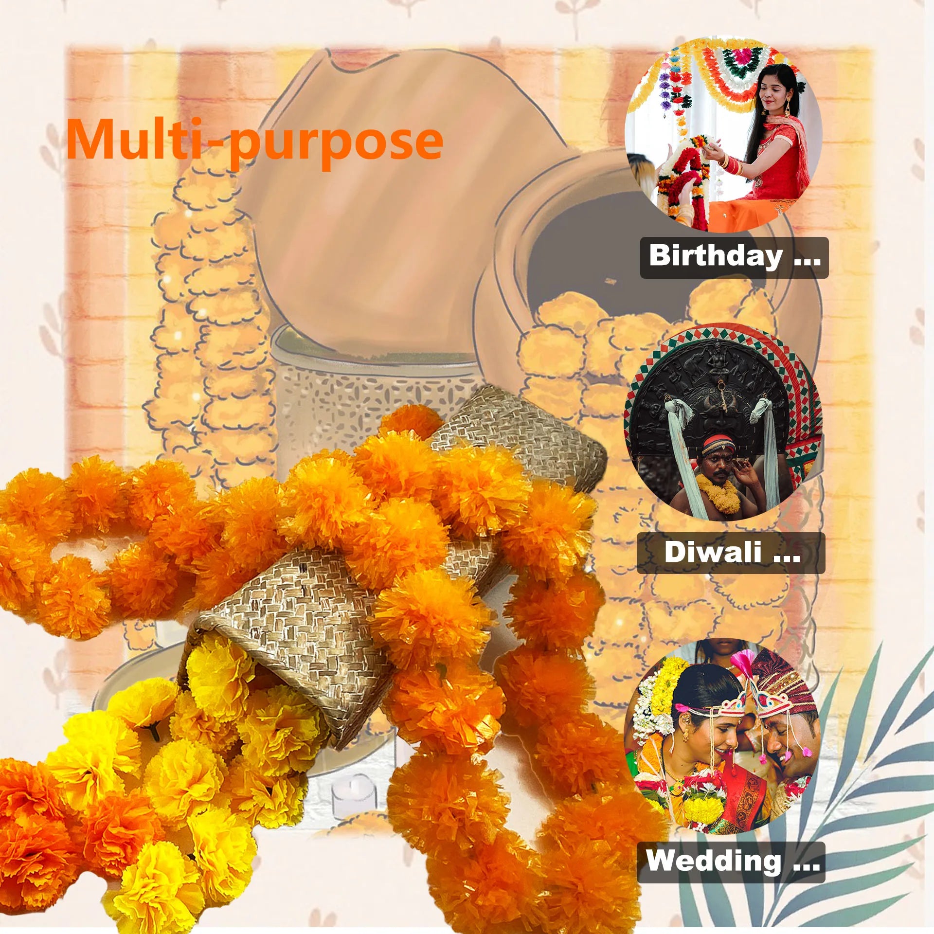 2 Pcs Marigold Flower Garland with бо Flowers for Diwali