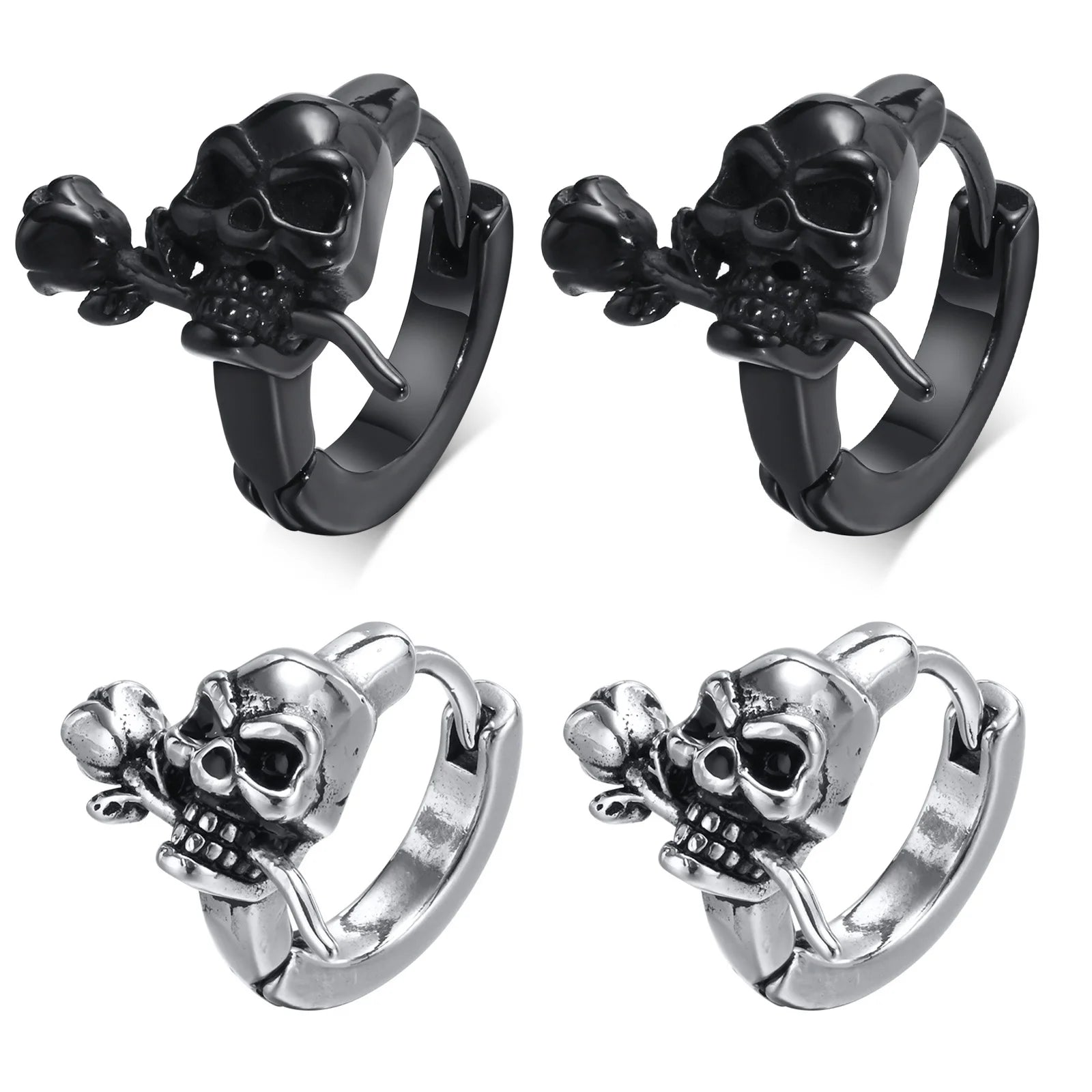 Vnox Gothic Skull Skeleton Huggie Hoop Earrings for Men Boys, Rock Punk Stainless Steel Cocktail Party Halloween Gift Jewelry