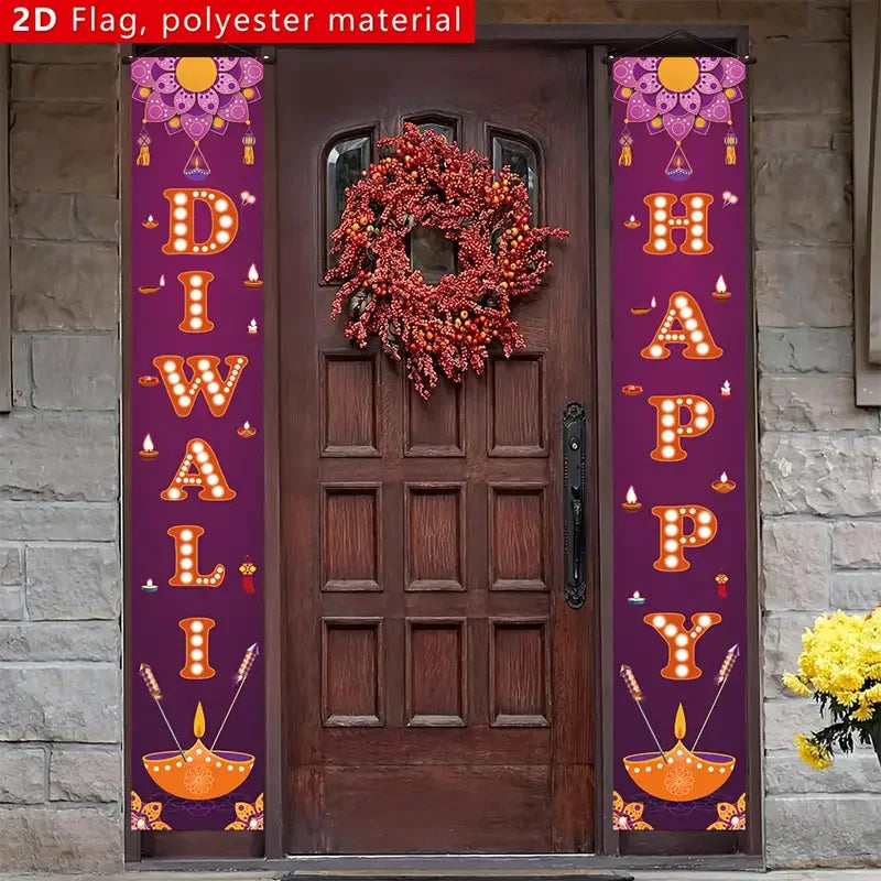 2pcs Purple Diwali Festival Door Banner Set for Festive Party Decorations and Entrance Ornaments with Couplets