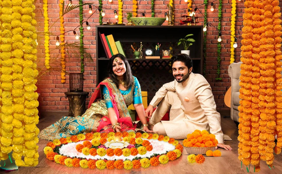 5-50pcs Marigold Flower Garland For Decoration 5 ft Artificial Flowers Mexican Diwali Indian Wedding Party Pooja Day of The Dead