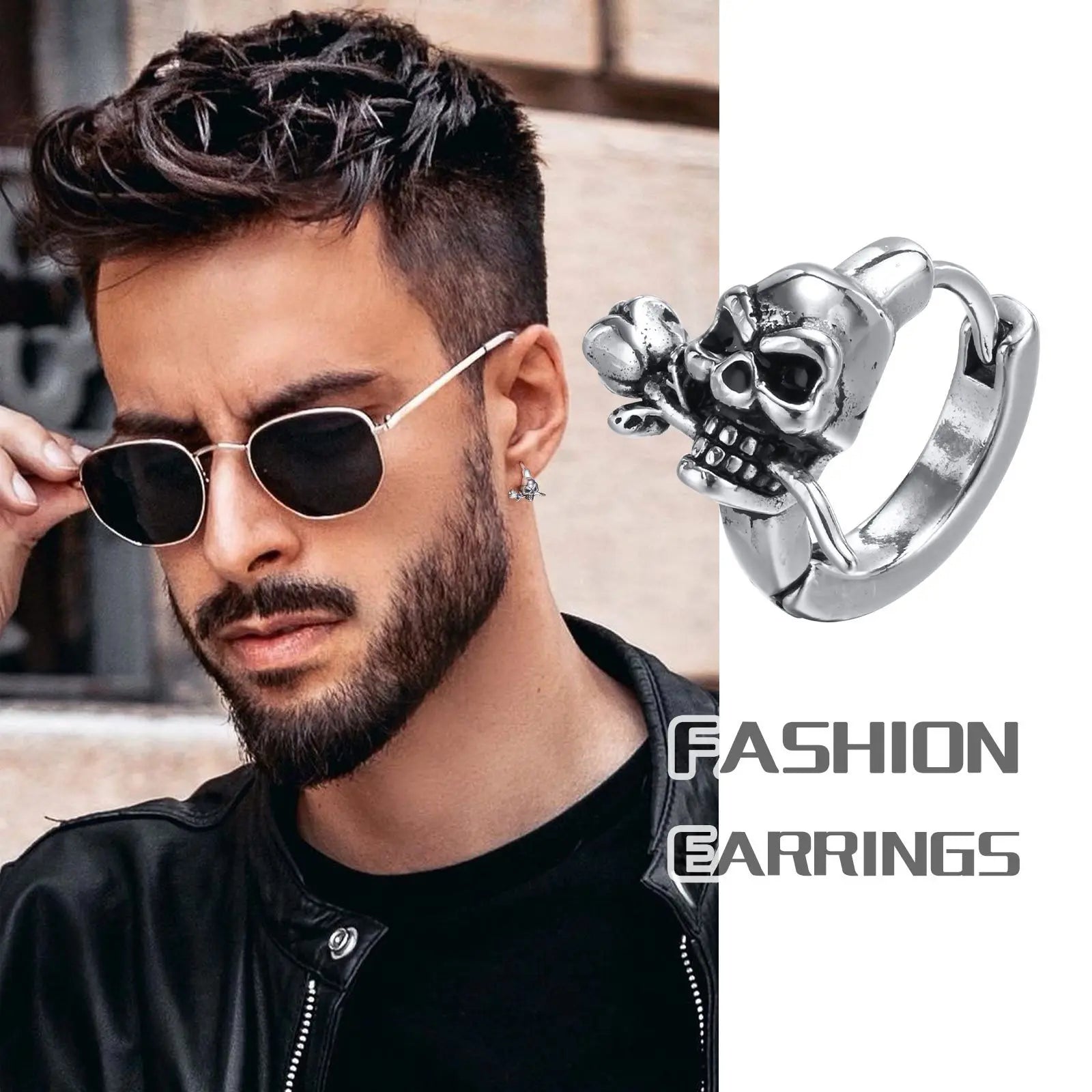 Vnox Gothic Skull Skeleton Huggie Hoop Earrings for Men Boys, Rock Punk Stainless Steel Cocktail Party Halloween Gift Jewelry