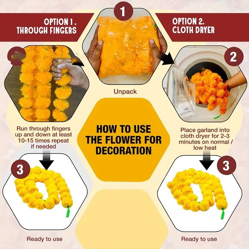 Long Strands Artificial Marigold Garland Pooja Diwali Fiesta Indian Décor Pooja Marigold Flowers Pooja Wedding Events Decor