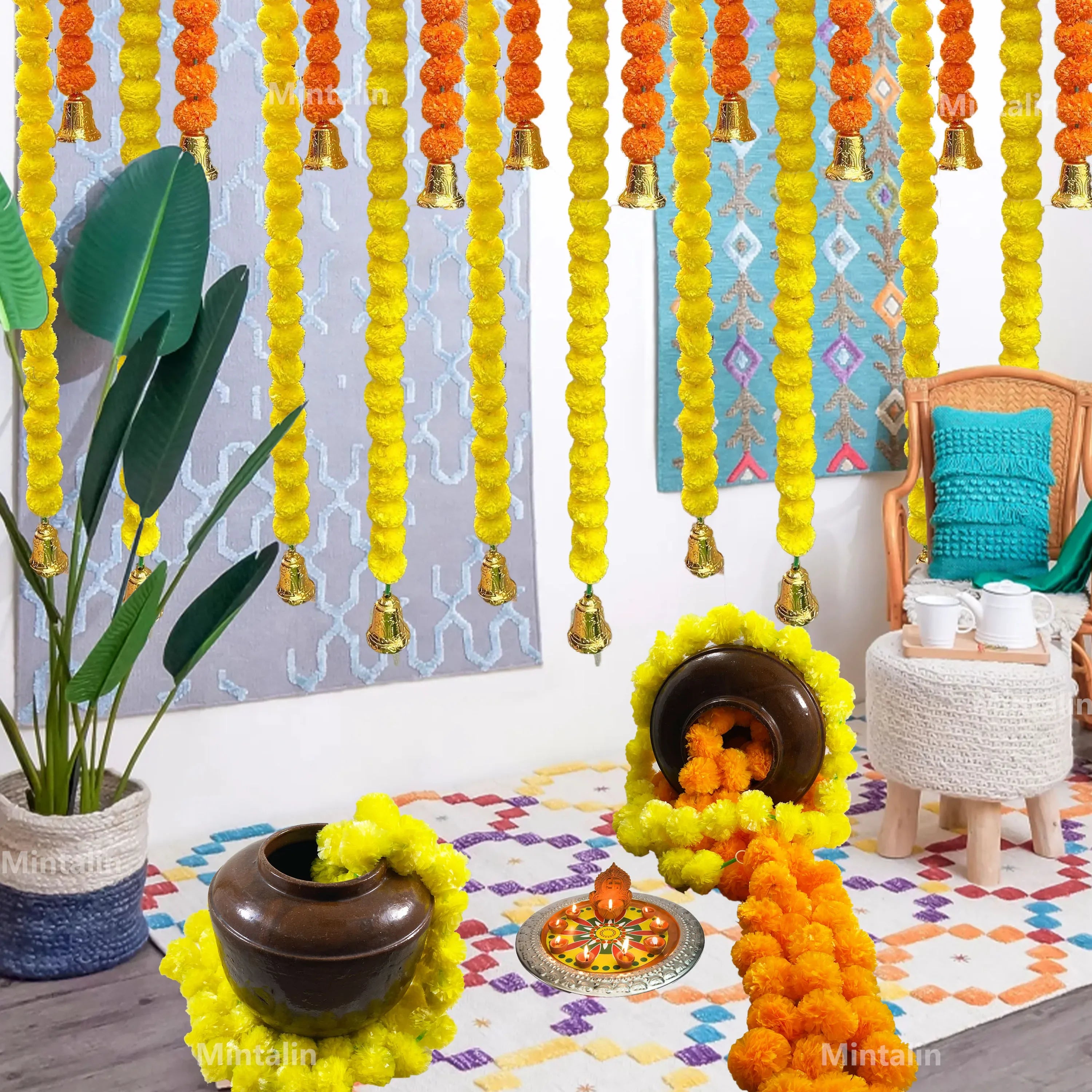 2 Pcs Marigold Flower Garland with бо Flowers for Diwali