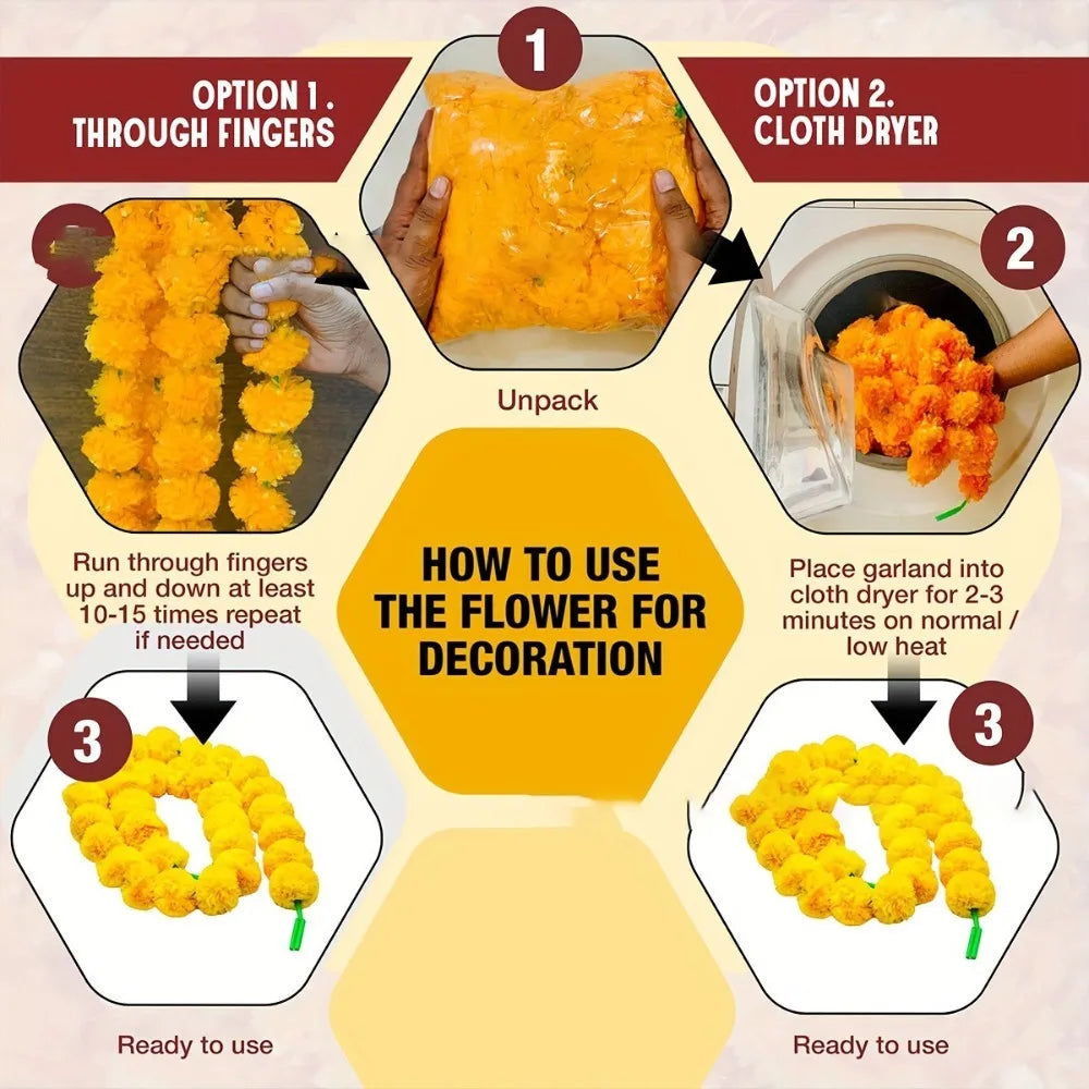 Long Strands Artificial Marigold Garland Pooja Diwali Fiesta Indian Décor Marigold Flower Garlands Reusable Events Decor