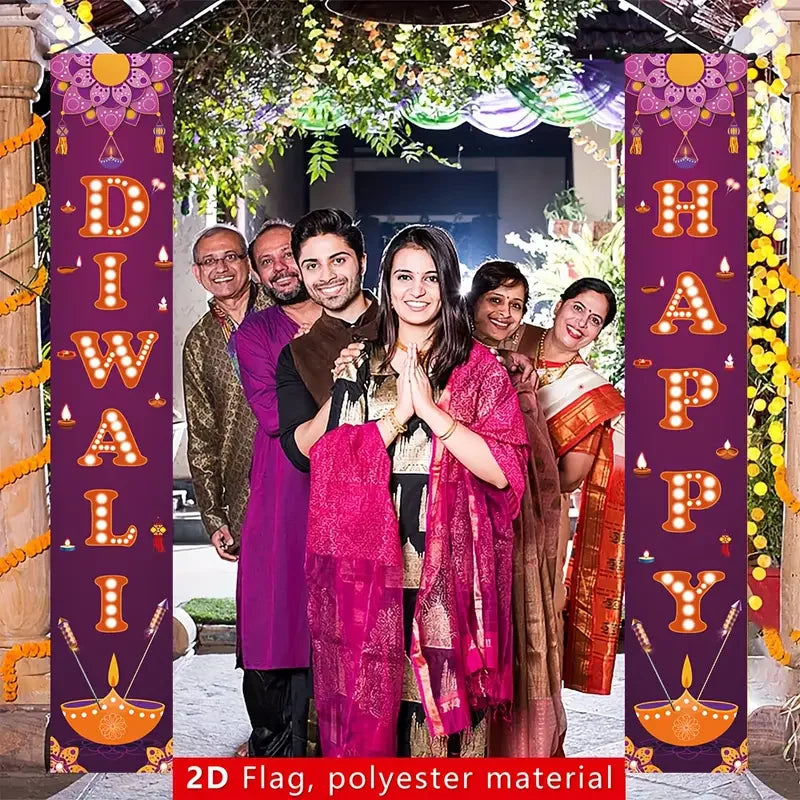 2pcs Purple Diwali Festival Door Banner Set for Festive Party Decorations and Entrance Ornaments with Couplets