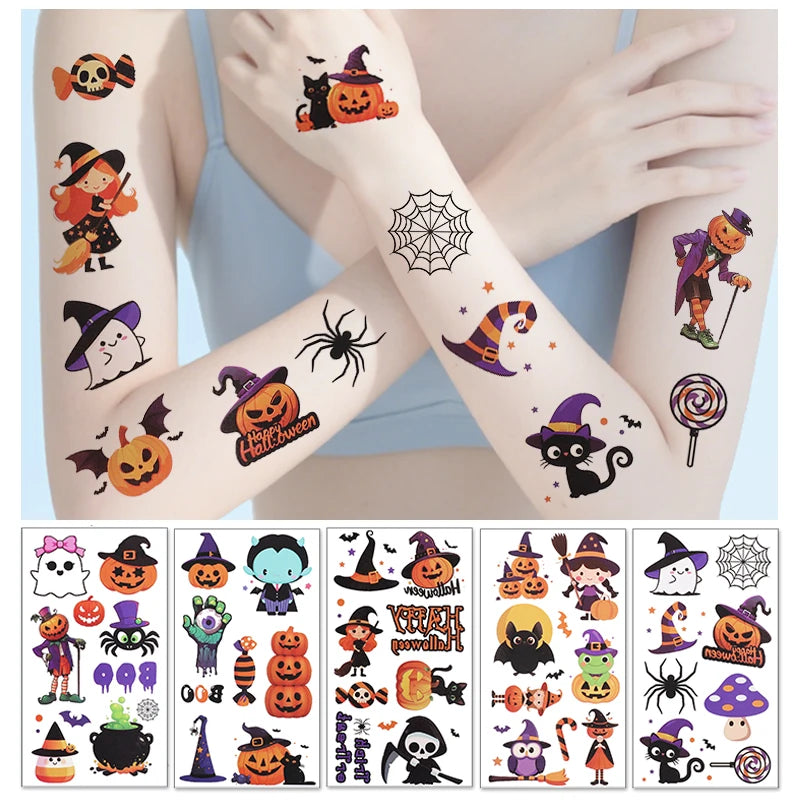 10Pcs Halloween Cartoon Tattoo Stickers Pumpkin Ghost Bat Spider Temporary Sticker Kids Birthday Party Favors Boy Girl Gifts