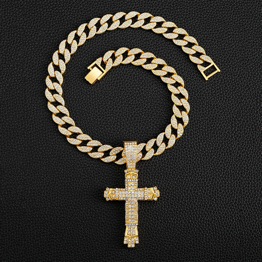 Cross Cross Pendant Necklace For Men Hip Hop Cuban Chain Bling Jewelry With Crystal Miami Cuban Chain fashion jewelry