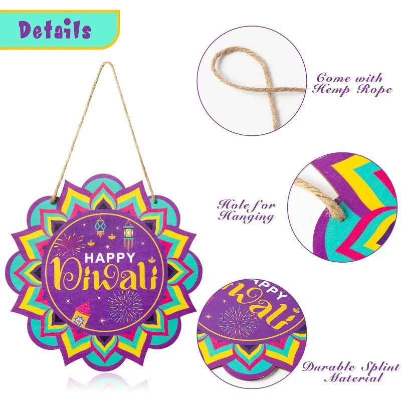 2Pcs Wooden Diwali Door Sign - 'Happy Diwali' Hanging Plaque with Rope for Indian Festival Decor, Wall Welcome Decorations