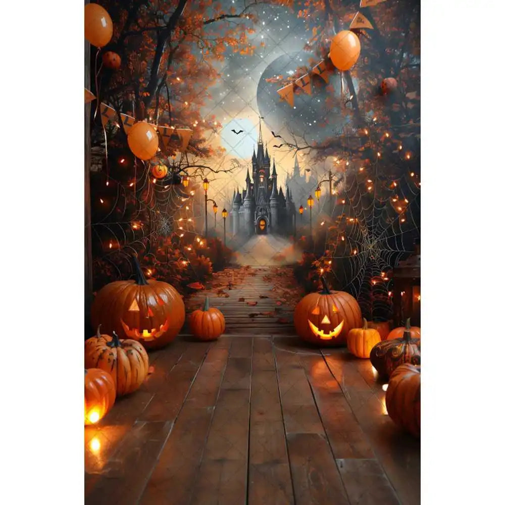 Halloween Night Background Photography Horror Haunted House Pumpkin Lantern Black Stone Road Backdrop Kids Holiday Party Studio