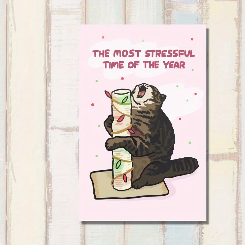 1pc, Christmas card, Merry Christmas, The most stressful time of the year, cat holding a wooden stick, Christmas lights