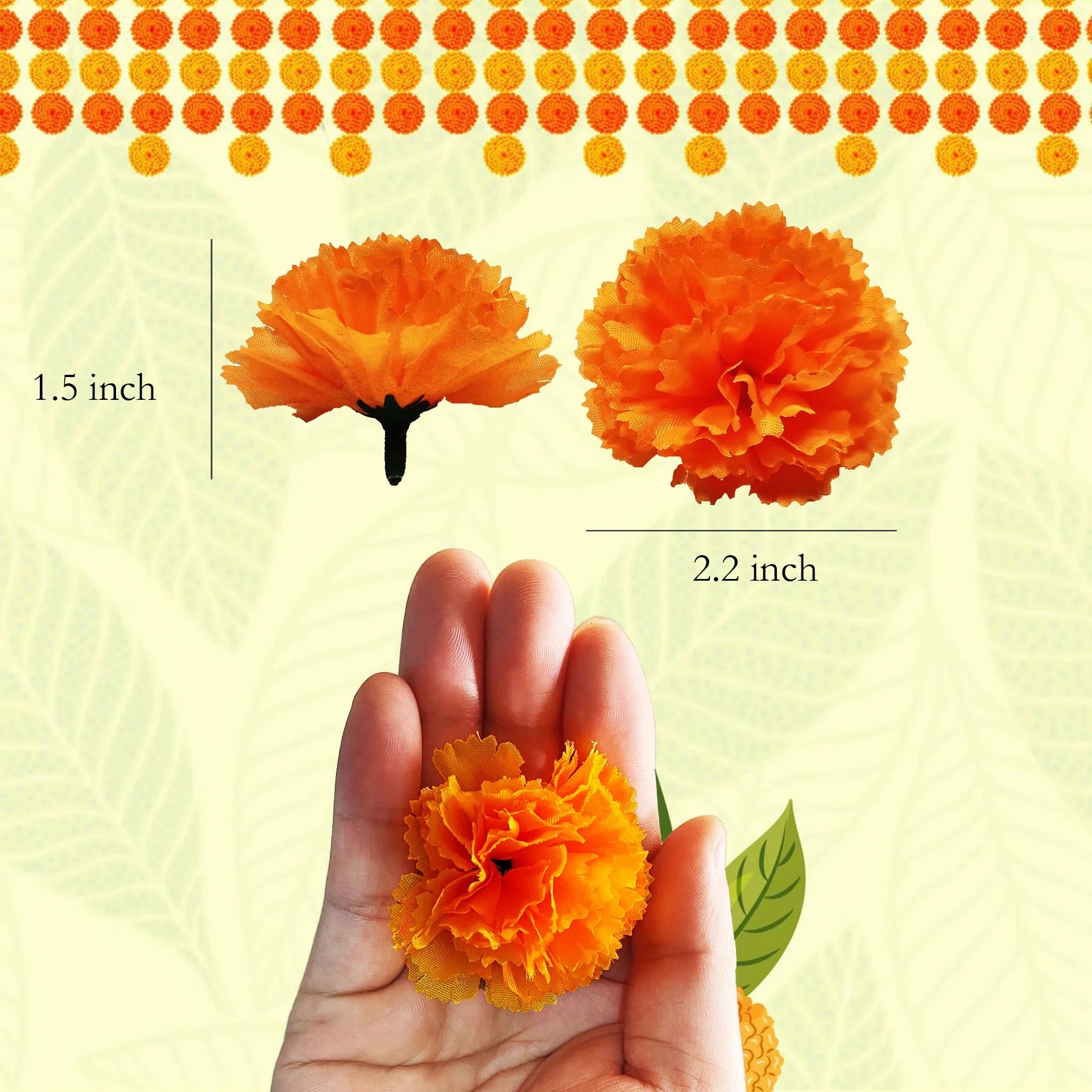 I5Opcs Marigold Flower Heads Bulk for Indian Pooja Bush Floral for Diwali Home Decor DIY Wreath Garland Craft