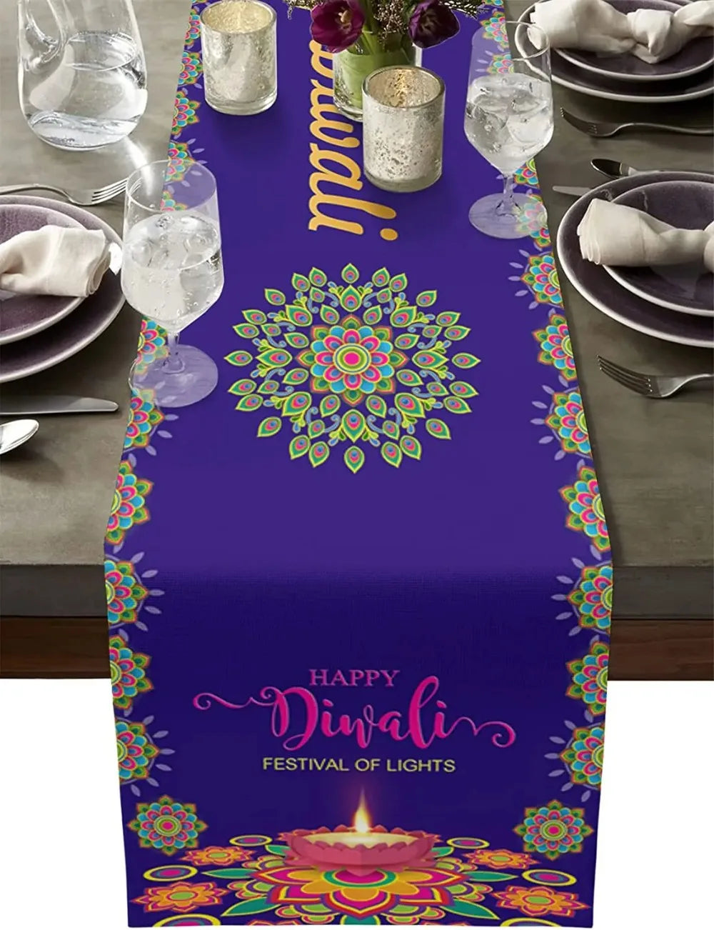 Happy Diwali Table Runners Candlestick Decoration Diwali Home Kitchen Table Decorations and Household Supplies