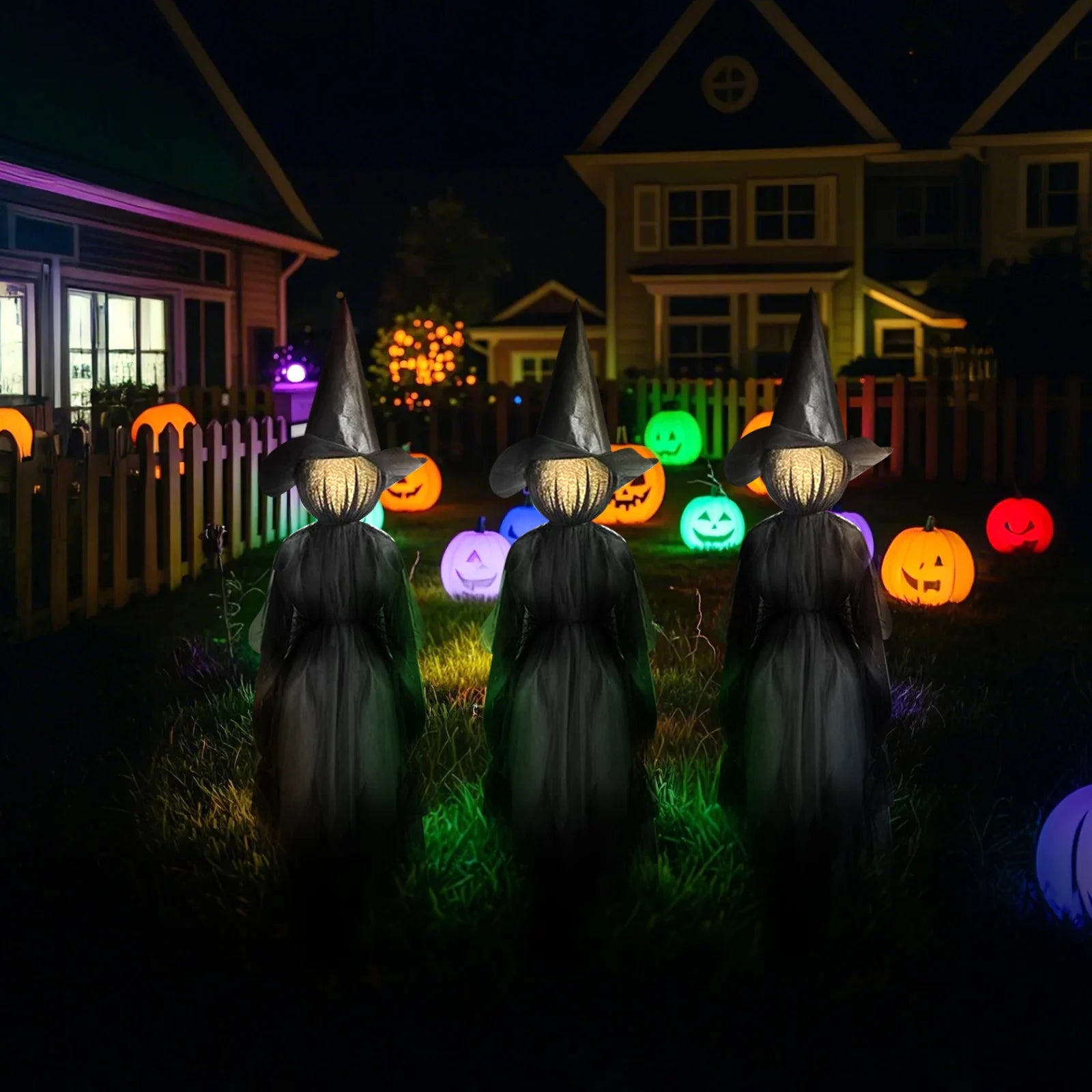Halloween Decorations - Set Of 3 Light Up Witches Holding Hands Witches with Stakes,Glowing Witch Props Outdoor Garden Decor