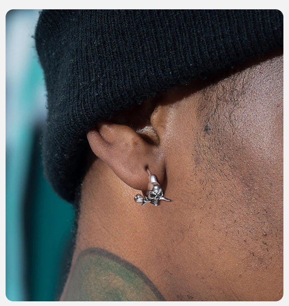 Vnox Gothic Skull Skeleton Huggie Hoop Earrings for Men Boys, Rock Punk Stainless Steel Cocktail Party Halloween Gift Jewelry