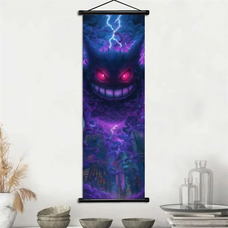 Pokemon Gengar Scroll Art Cloth Anime Characters Wall Hanging Poster Halloween Xmas Decor Fans Collection Home Gifts