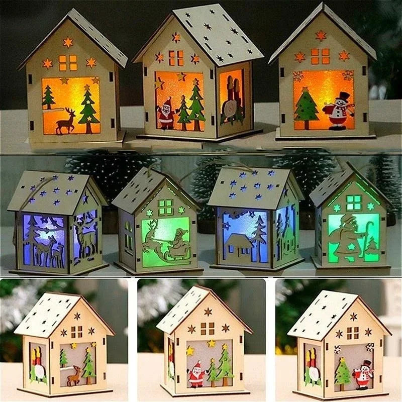 Christmas LED Light Wooden House Luminous Cabin Merry Christmas Decorations for Home DIY Xmas Tree Ornaments Kids Gifts New Year