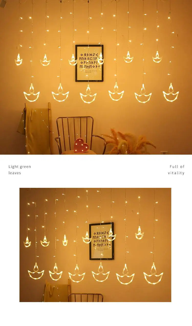 Diwali String Lights Usb Plug Diya Curtain Light Festival Lamp for Wall Window Bedroom Decor Indoor Outdoor Eid al-Fitr Muslims