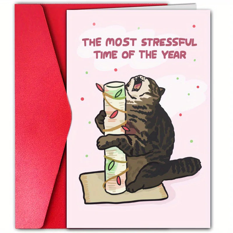 1pc, Christmas card, Merry Christmas, The most stressful time of the year, cat holding a wooden stick, Christmas lights