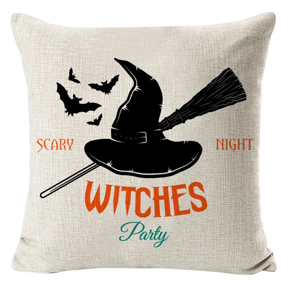 2024 New Linen Halloween Fall Cushion Cover 45x45cm Farmhouse Cat Witch Home Throw Pillow Covers For Home Room Couch Decor