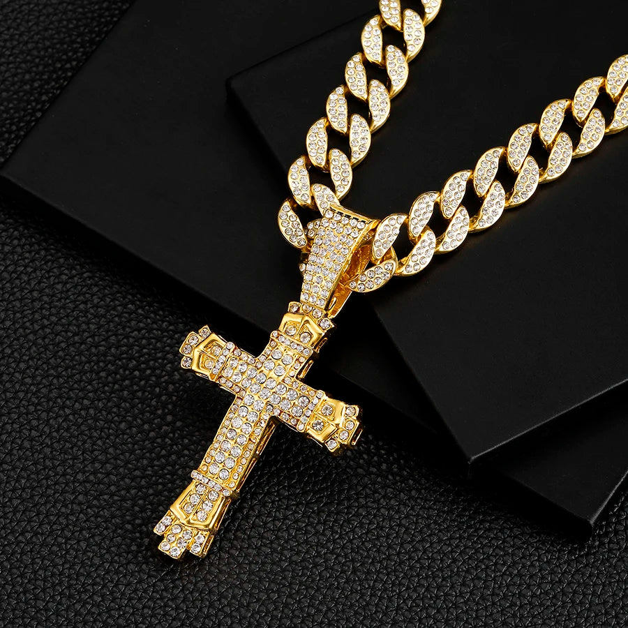 Cross Cross Pendant Necklace For Men Hip Hop Cuban Chain Bling Jewelry With Crystal Miami Cuban Chain fashion jewelry