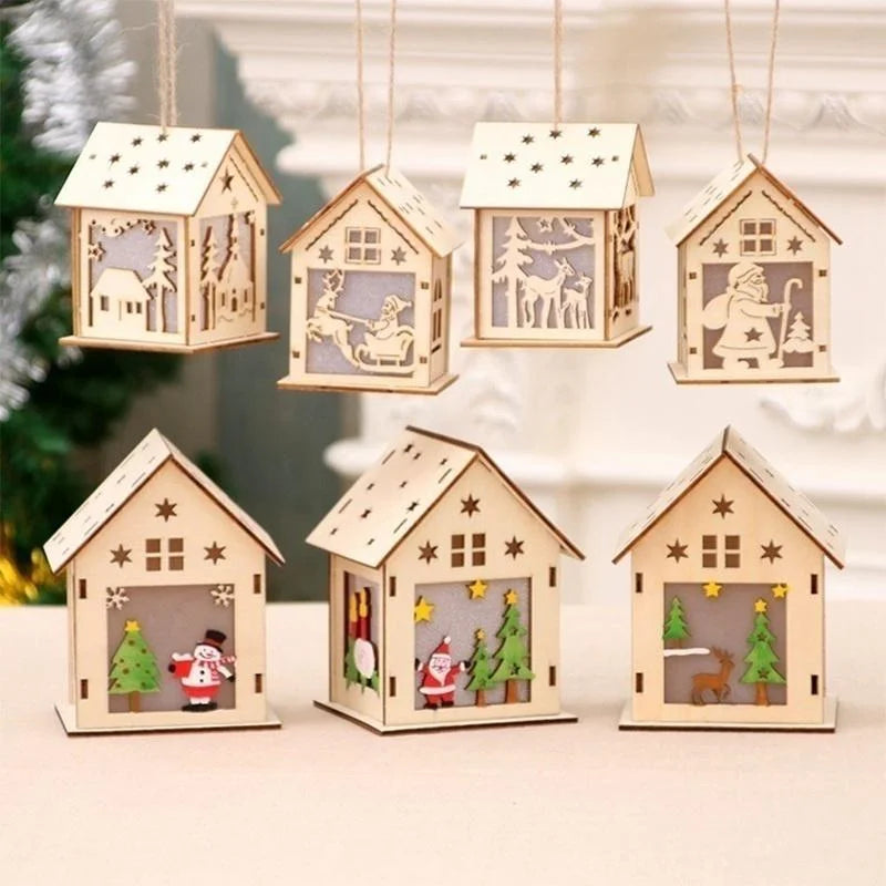 Christmas LED Light Wooden House Luminous Cabin Merry Christmas Decorations for Home DIY Xmas Tree Ornaments Kids Gifts New Year