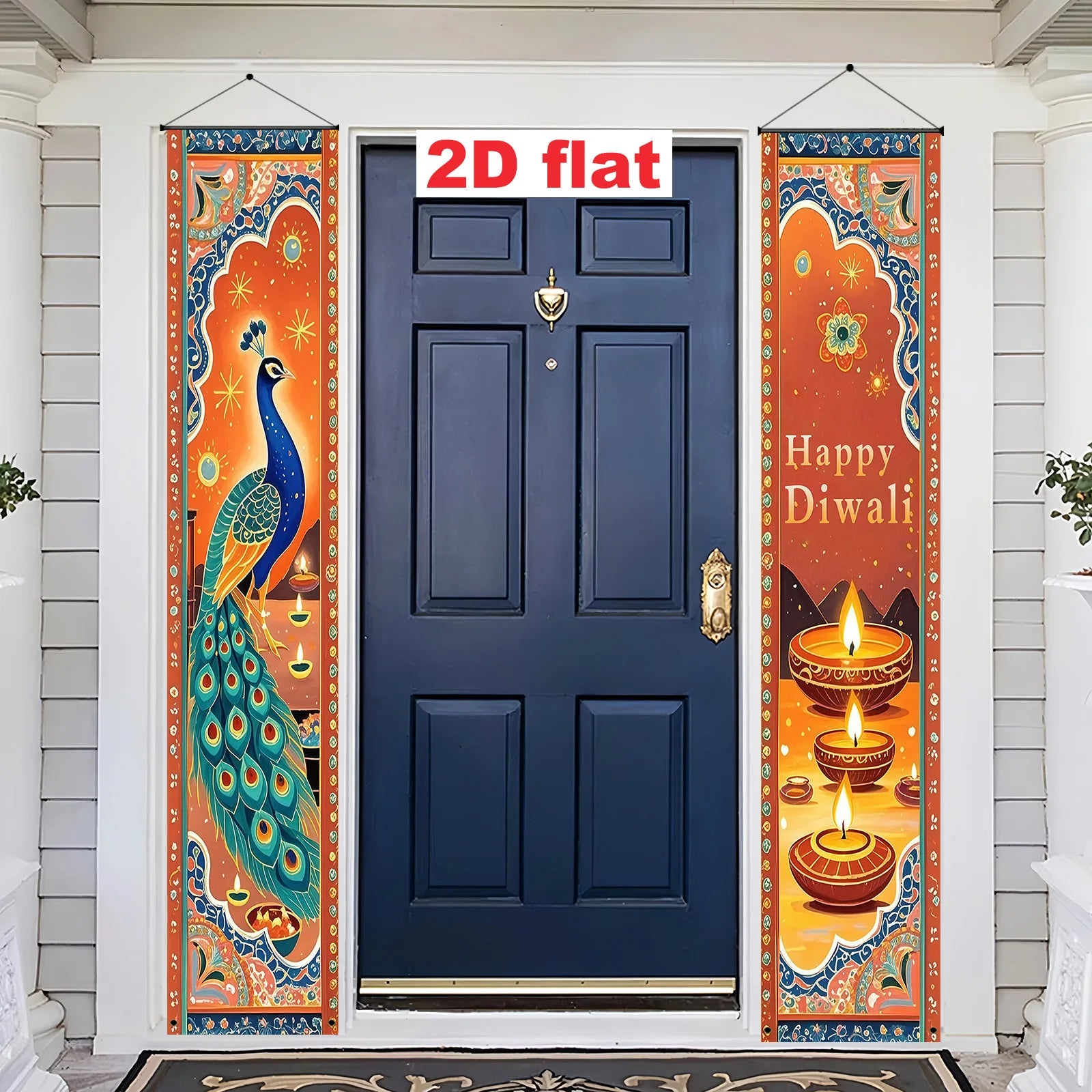 Indian Diwali Theme Decoration Welcome Door Couplets, Peacock, and Oil Lamp Decoration Design