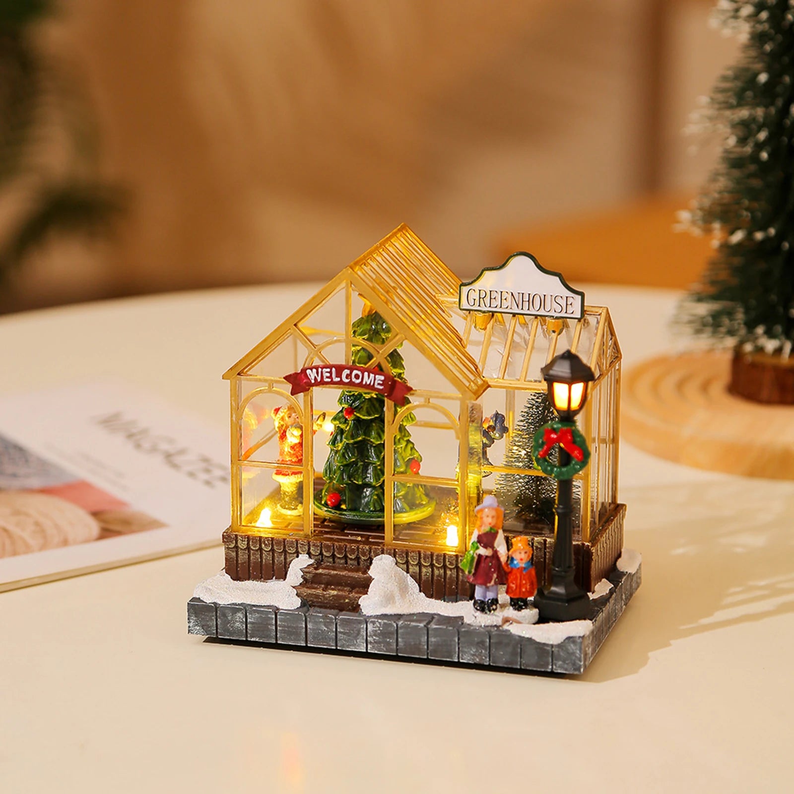 Christmas Village House Figurines Lighted Christmas Collectible Buildings Decoration with Music New Year Decor