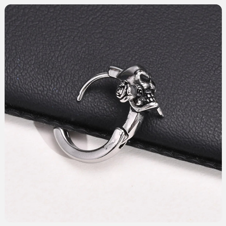 Vnox Gothic Skull Skeleton Huggie Hoop Earrings for Men Boys, Rock Punk Stainless Steel Cocktail Party Halloween Gift Jewelry