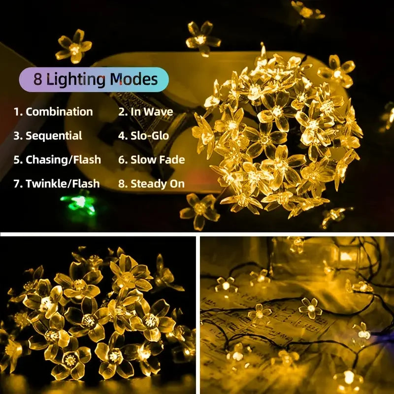 Solar decorative lights, outdoor waterproof 8 modes, cherry blossom lights, Christmas garden party decoration