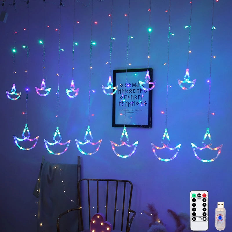 Diwali String Lights Usb Plug Diya Curtain Light Festival Lamp for Wall Window Bedroom Decor Indoor Outdoor Eid al-Fitr Muslims