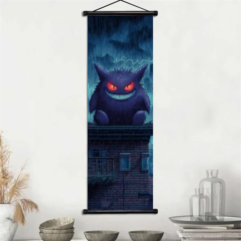 Pokemon Gengar Scroll Art Cloth Anime Characters Wall Hanging Poster Halloween Xmas Decor Fans Collection Home Gifts