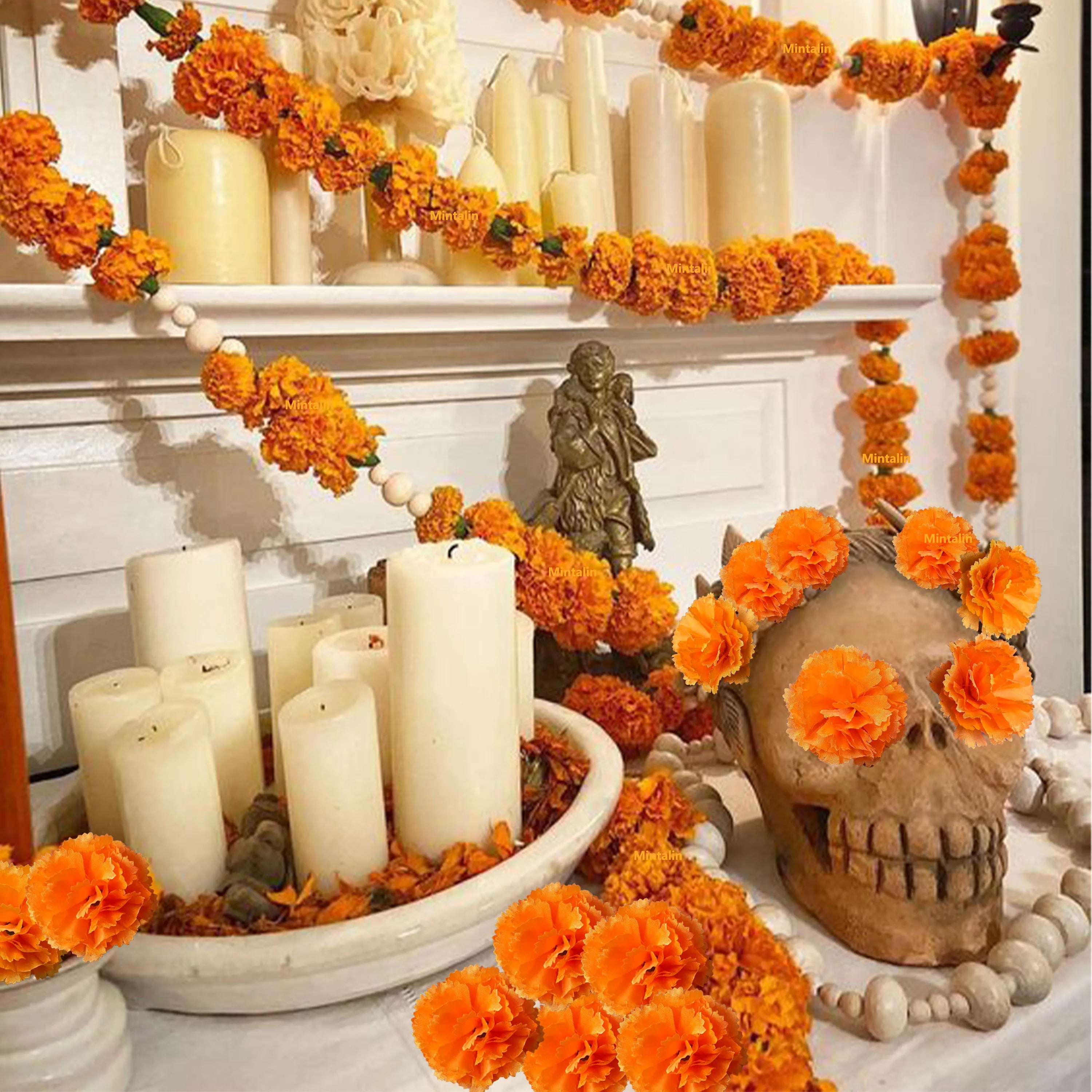 Marigold Flower Heads Bulk, Silk Mexican Flowers for Diwali Home Decor Wedding Party Decoration Halloween Decor for Indian Pooja