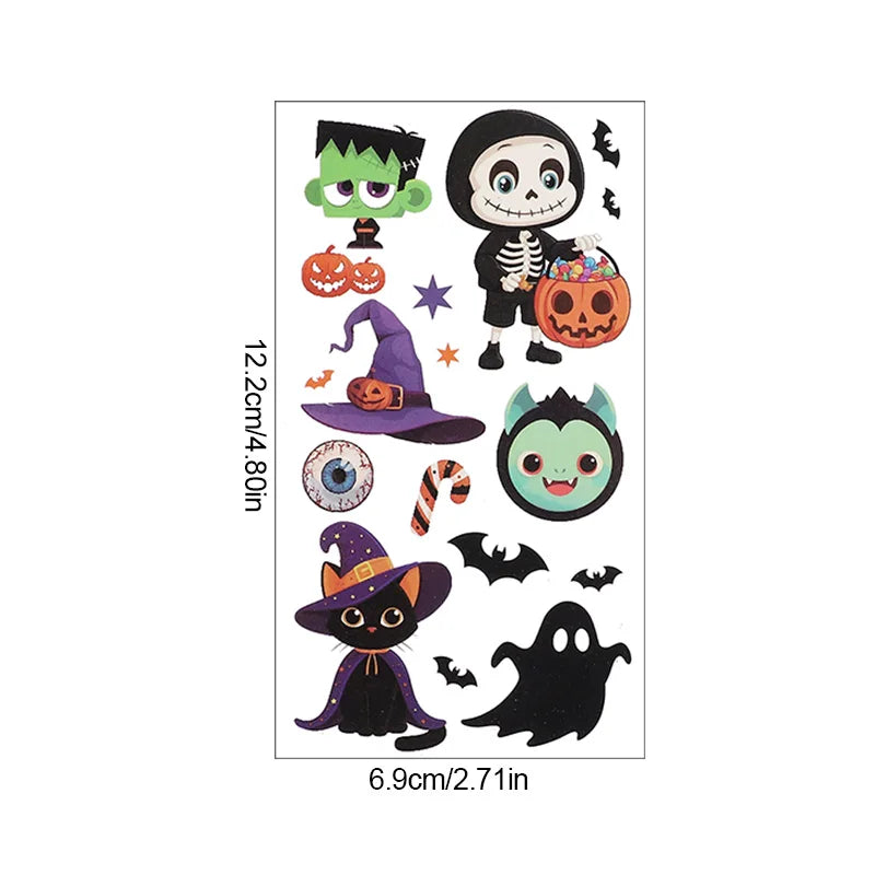10Pcs Halloween Cartoon Tattoo Stickers Pumpkin Ghost Bat Spider Temporary Sticker Kids Birthday Party Favors Boy Girl Gifts