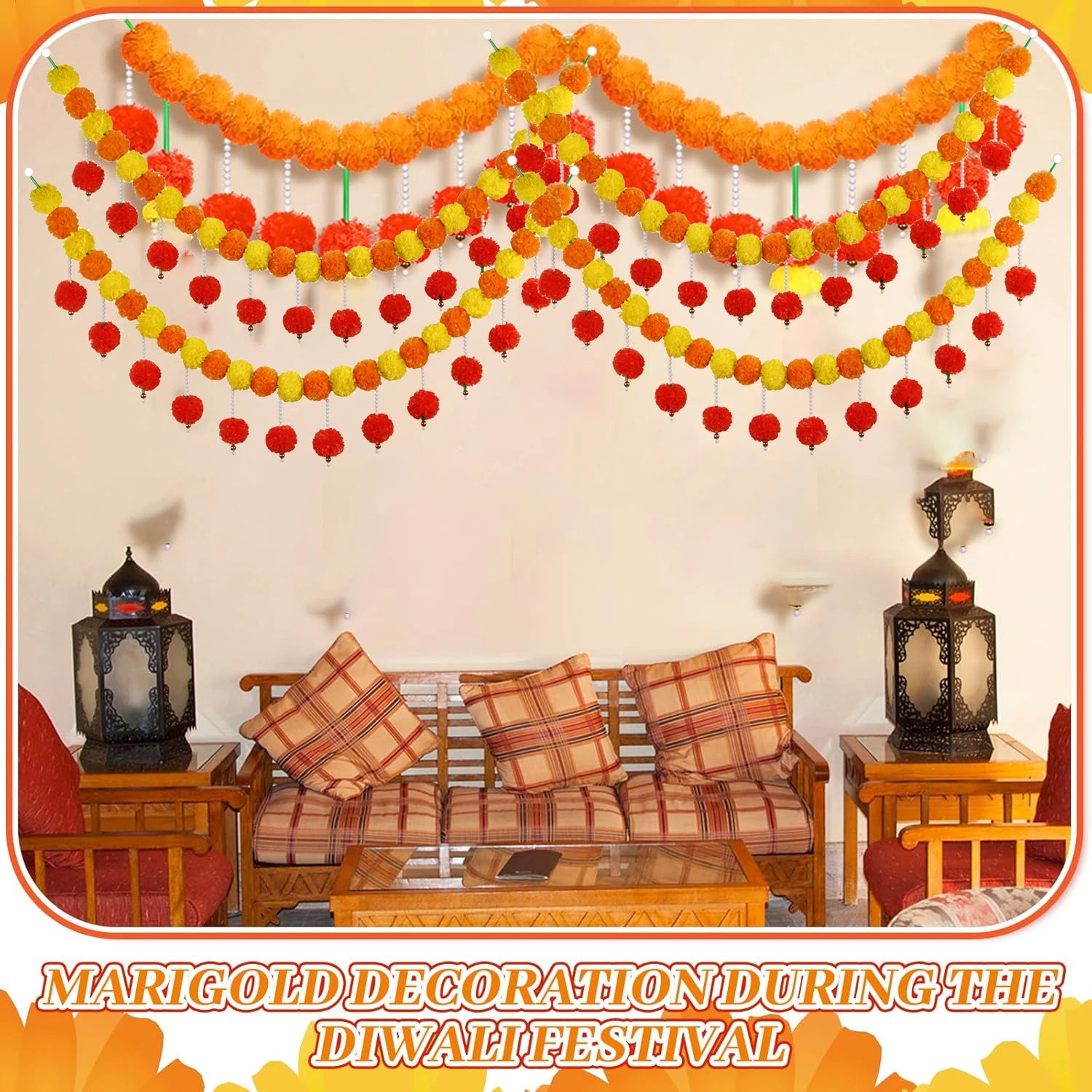 2-10pcs Marigold Flower Garland For Decoration Artificial Flower Garland Pooja, Diwali,Mexican Party ,Day of The Dead Decor