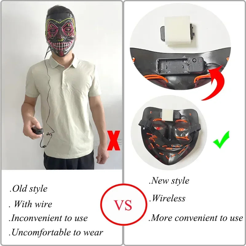 Wireless Scary Glowing Mask LED Halloween Horror Neon Light Carnival Party Mask Glow in The Dark Cosplay Costume Supply