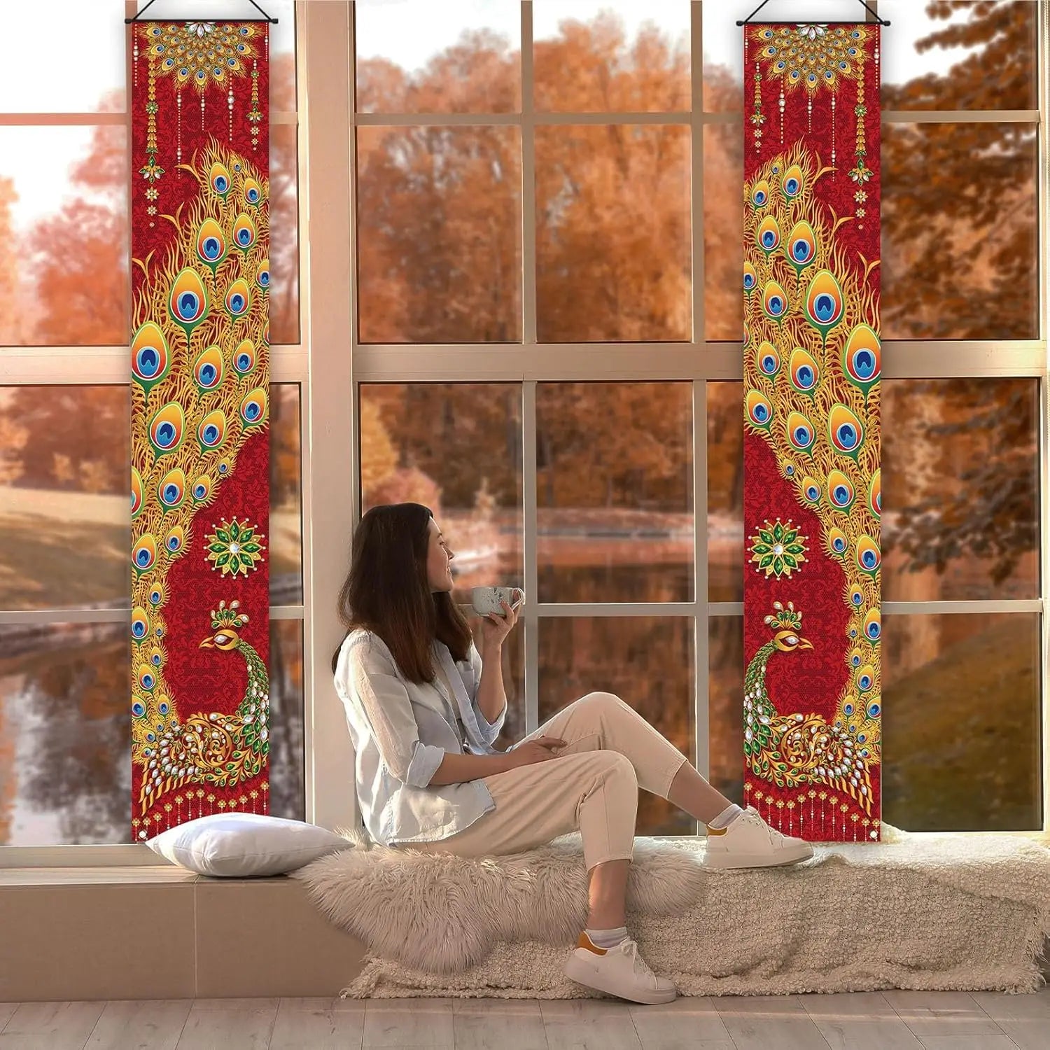 VIKAMA Diwali Festival Happy Gateway Banner Indian Diwali Festival Peacock Front Porch Welcome Sign Party Decorative Items