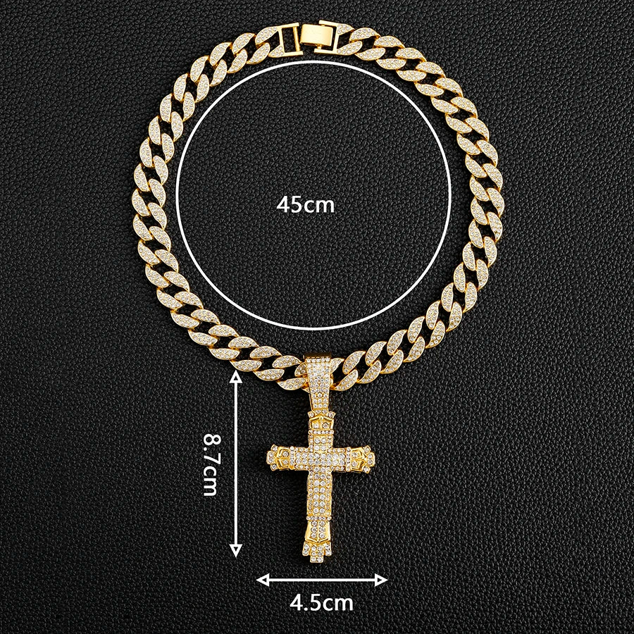 Cross Cross Pendant Necklace For Men Hip Hop Cuban Chain Bling Jewelry With Crystal Miami Cuban Chain fashion jewelry