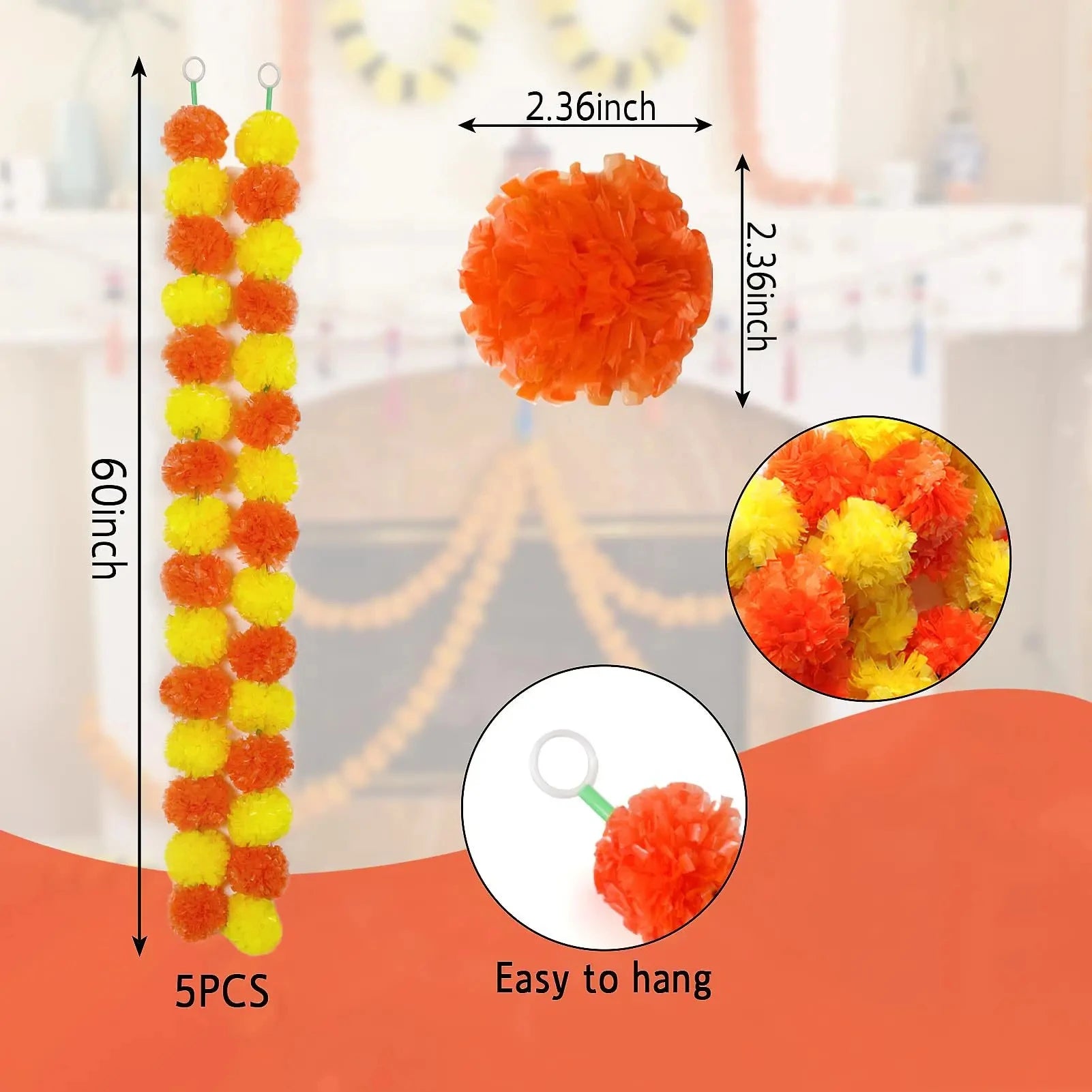 5-50pcs Marigold Flower Garland For Decoration 5 ft Artificial Flowers Mexican Diwali Indian Wedding Party Pooja Day of The Dead