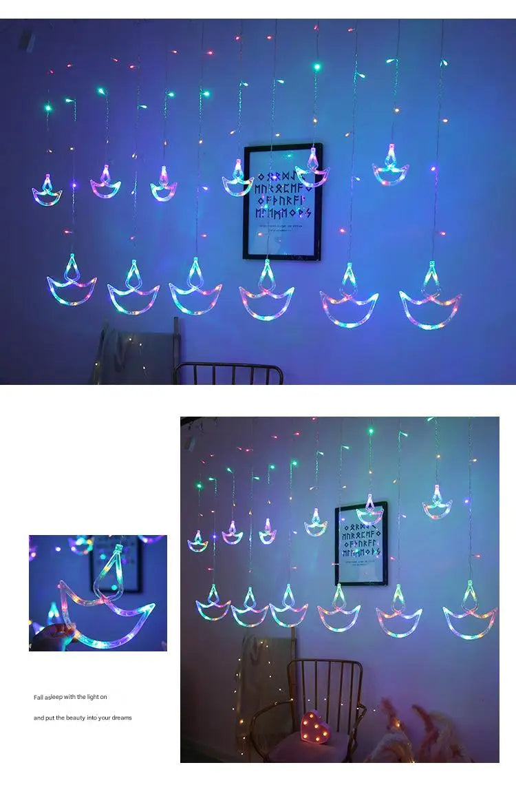 Diwali String Lights Usb Plug Diya Curtain Light Festival Lamp for Wall Window Bedroom Decor Indoor Outdoor Eid al-Fitr Muslims
